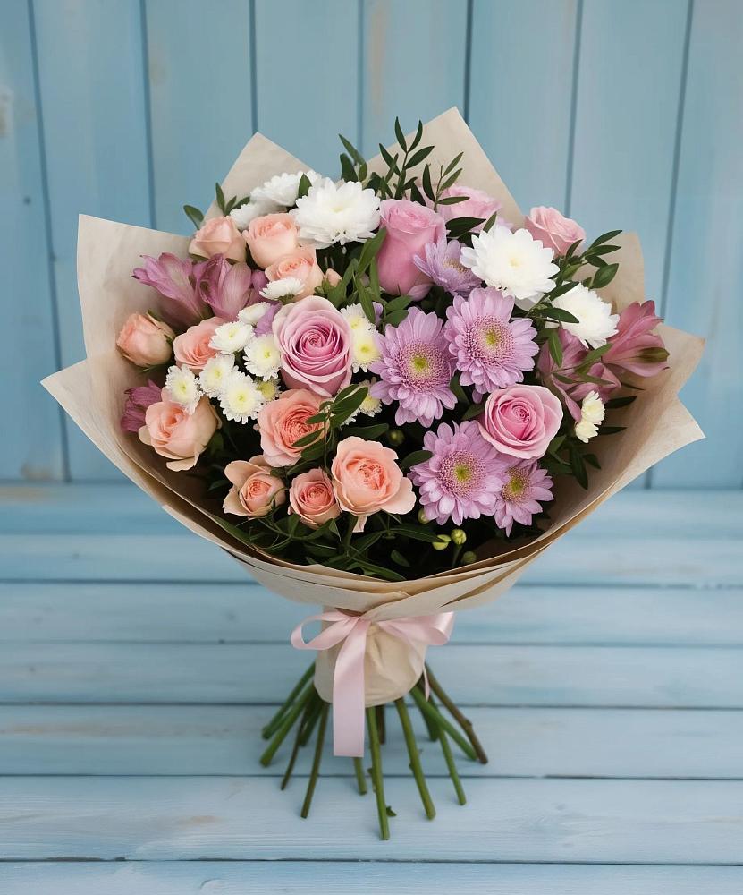 Букет цветов из: Хризантемы, Розы и Альстромерии в Калтане