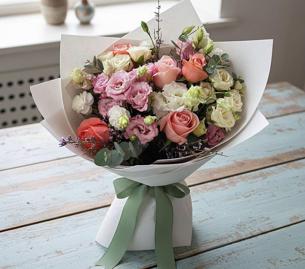 Букет цветов из: Розы, Лизиантусы и Гвоздики в Калтане