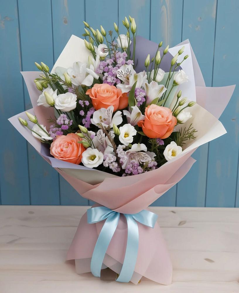 Букет цветов из: Лизиантусы, Розы, Альстромерии и Гипсофила в Калтане