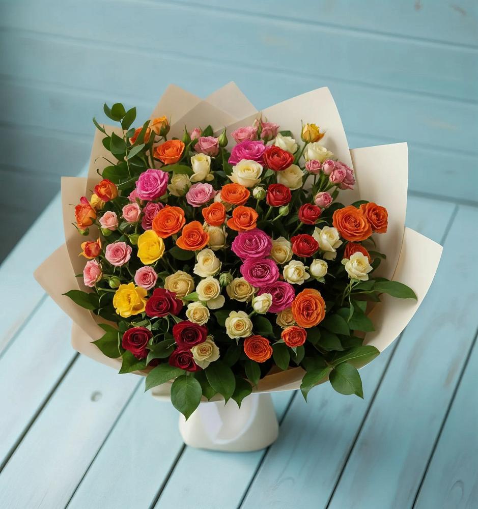 Букет Микс из разноцветных кустовых роз в Калтане