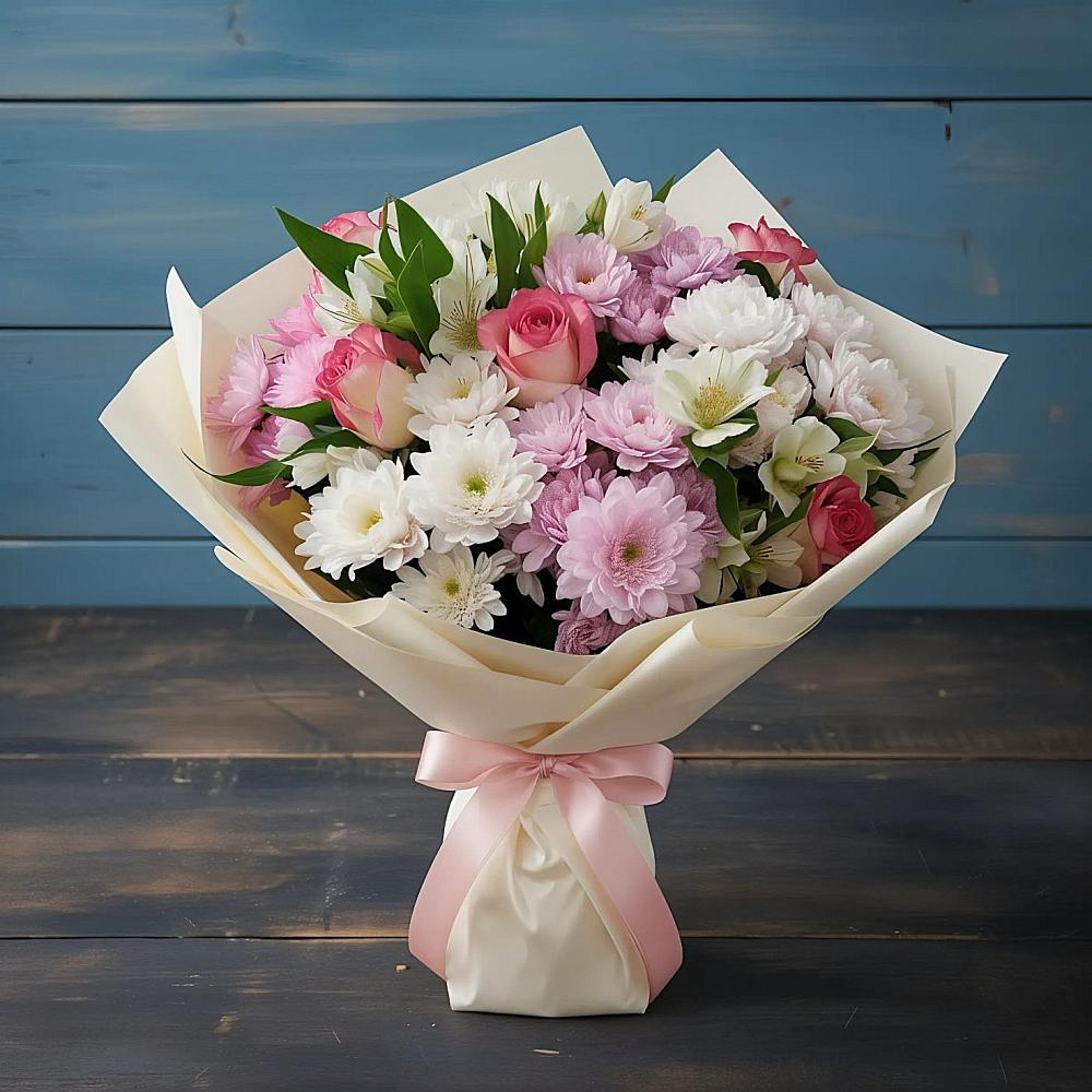 Букет цветов из: Хризантемы, Альстромерии и Розы в Калтане